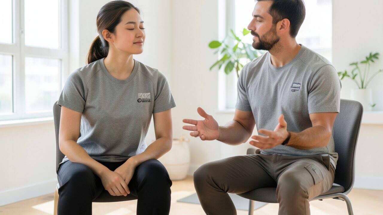 Ademcoach begeleidt client bij rustige ademhalingsoefening in een een op een sessie