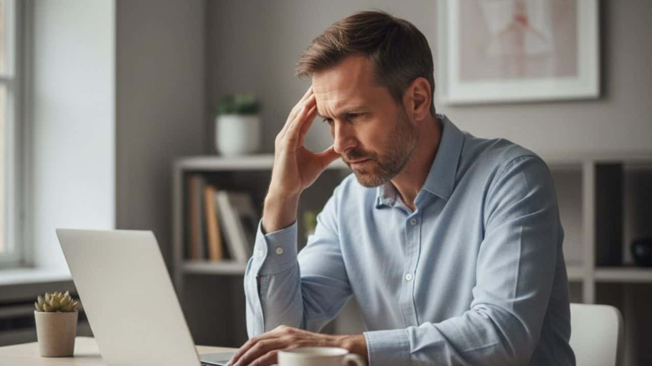 Professional ervaart werkstress en mentale druk achter laptop op kantoor.