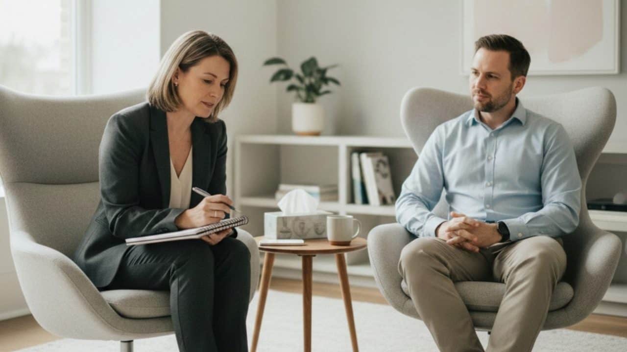 Stress coach in gesprek met cliënt tijdens persoonlijke coachsessie in rustige praktijkruimte.