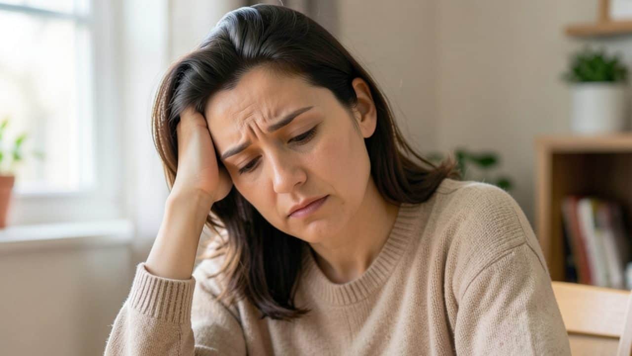 Vermoeide volwassene met burn-out klachten zit alleen aan tafel en staart voor zich uit