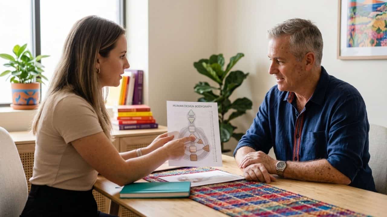 Human Design coach in gesprek met cliënt tijdens sessie