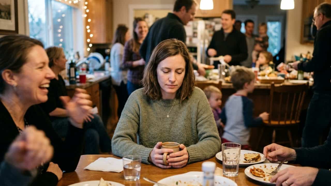 HSP-coaching: Vrouw ervaart prikkelovergevoeligheid tijdens drukke familiemaaltijd.