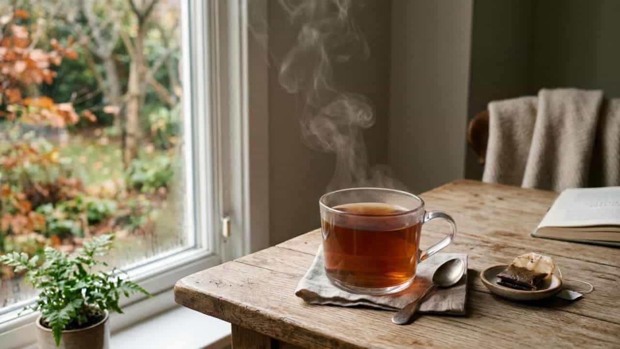 Kop warme thee met stoom op een tafel bij zacht daglicht als symbool voor rust, herstel en een moment van pauze