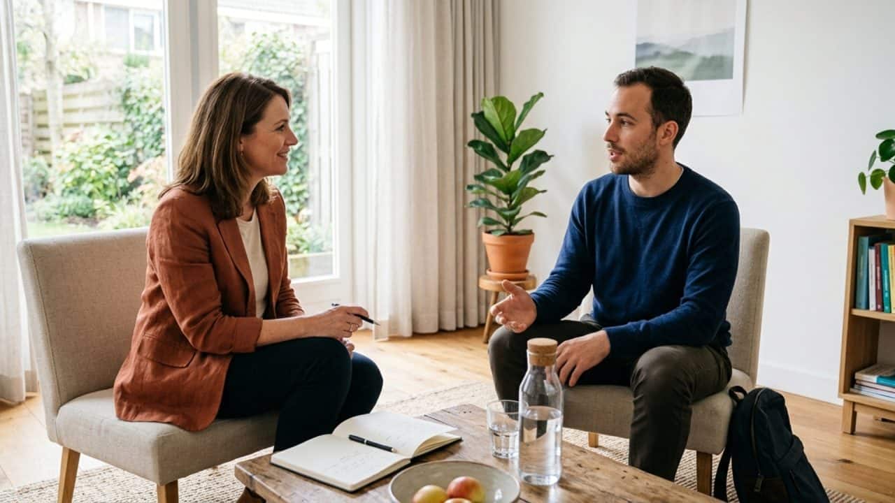 Gezondheidscoach in gesprek met cliënt over leefstijl, doelen en afvallen