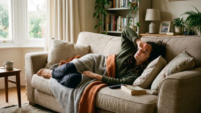 Persoon met burn-out ligt uitgeput op de bank met hand over ogen