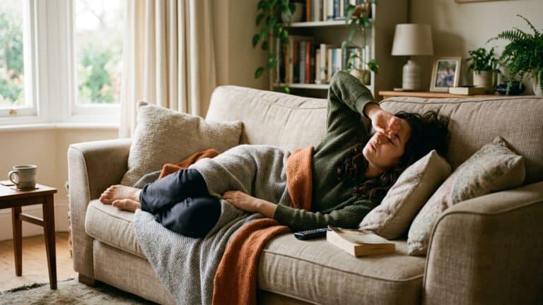 Persoon met burn-out ligt uitgeput op de bank met hand over ogen