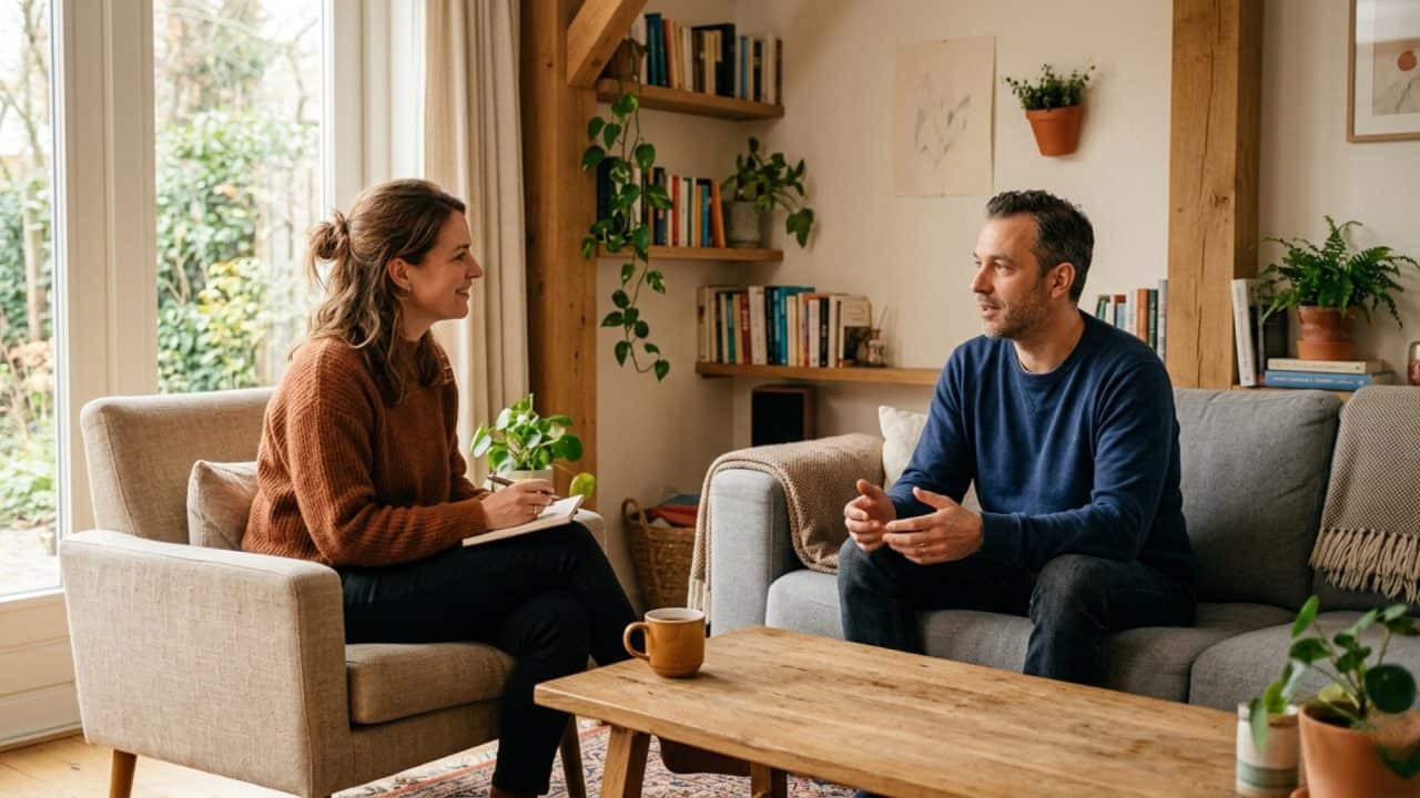 Coach en cliënt in rustige setting tijdens energetische coaching sessie
