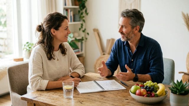 Persoon in gesprek met gezondheidscoach over afvallen en gezonde leefstijl aan tafel