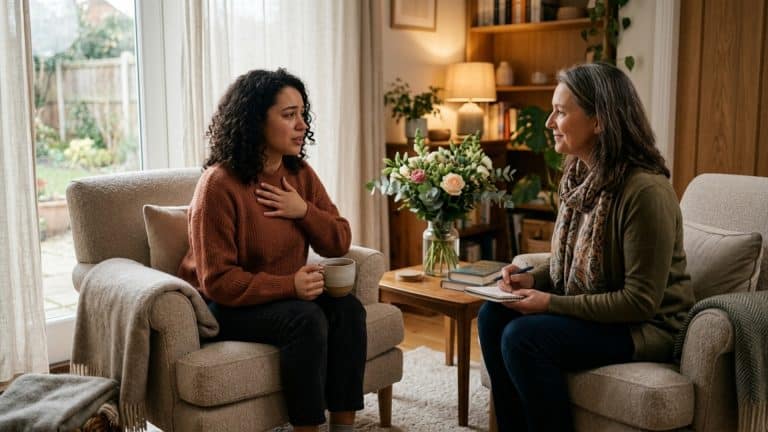 Persoon met stressklachten in gesprek met een gezondheidscoach in een rustige setting