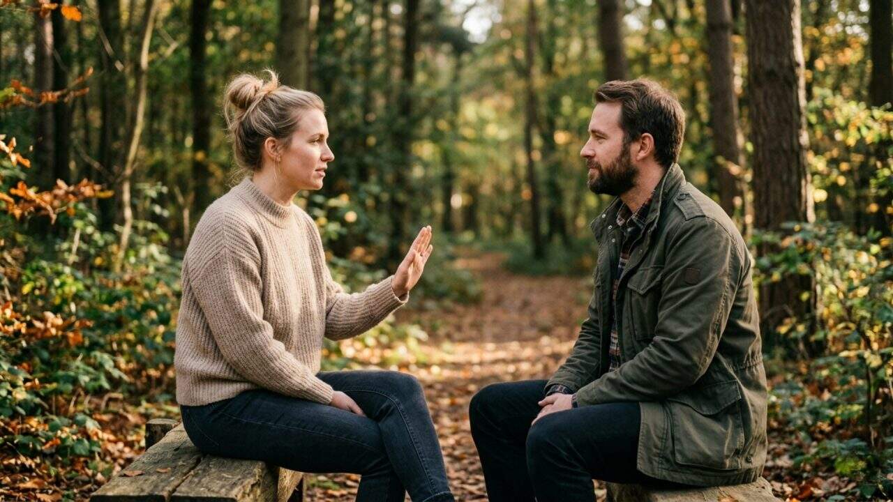 Persoon die op een rustige manier een grens aangeeft tijdens een gesprek