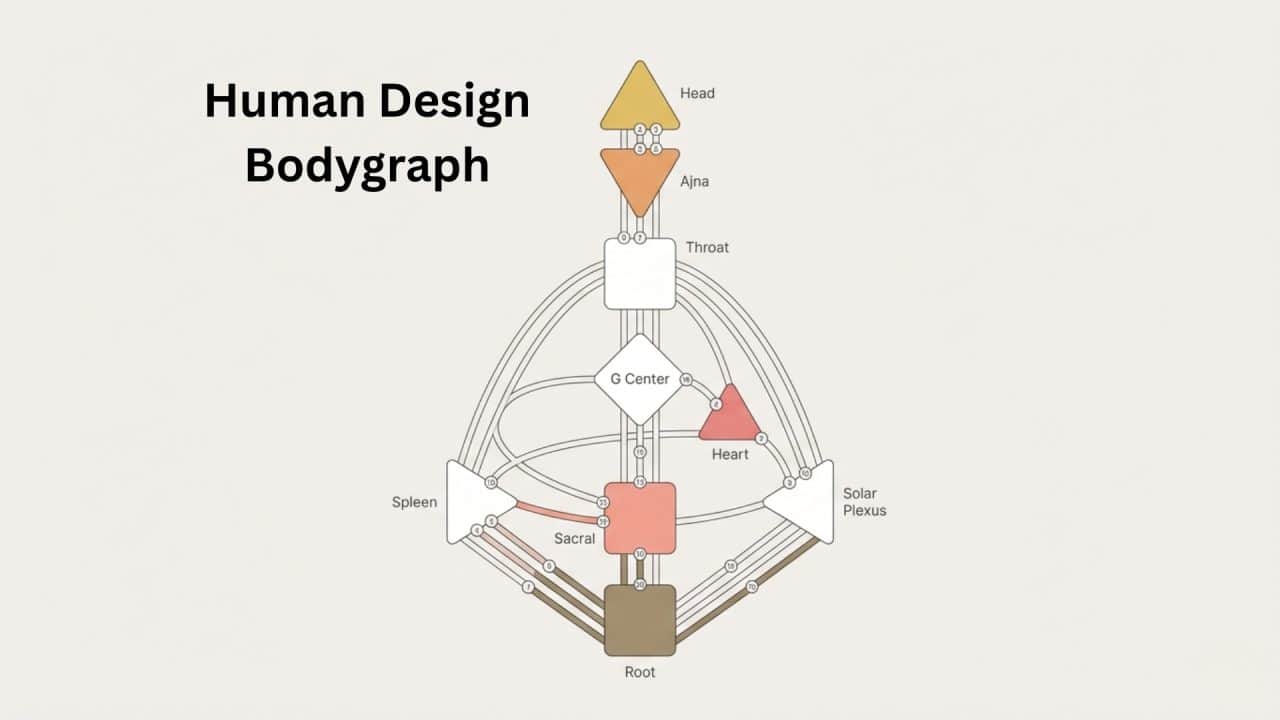 Human Design chart bodygraph met energiecentra, kanalen en poorten uitgelegd voor beginners