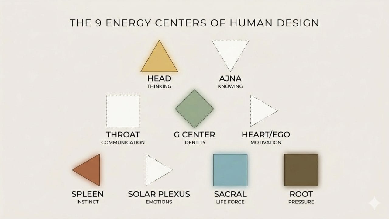 Human Design energiecentra uitleg met de 9 centra in de bodygraph inclusief gedefinieerde en open centra