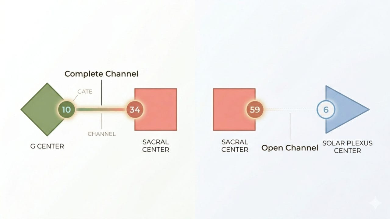 Human Design kanalen en poorten uitleg met voorbeeld van compleet kanaal en open verbinding tussen centra