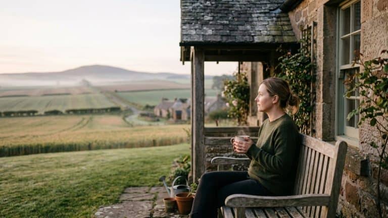 Persoon zit rustig buiten met koffie en kijkt nadenkend over de velden