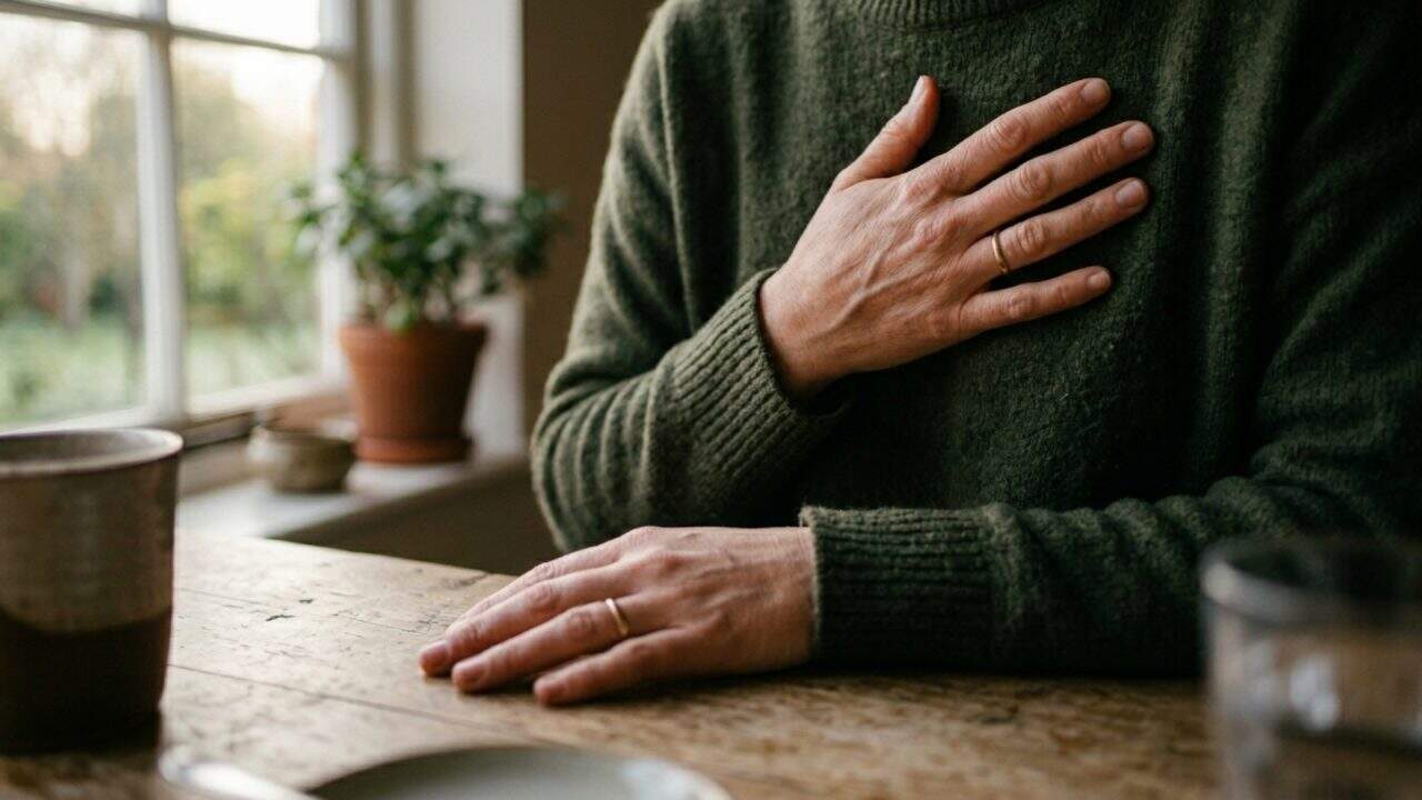 Close-up van iemand met een hand op de borst en een ontspannen houding