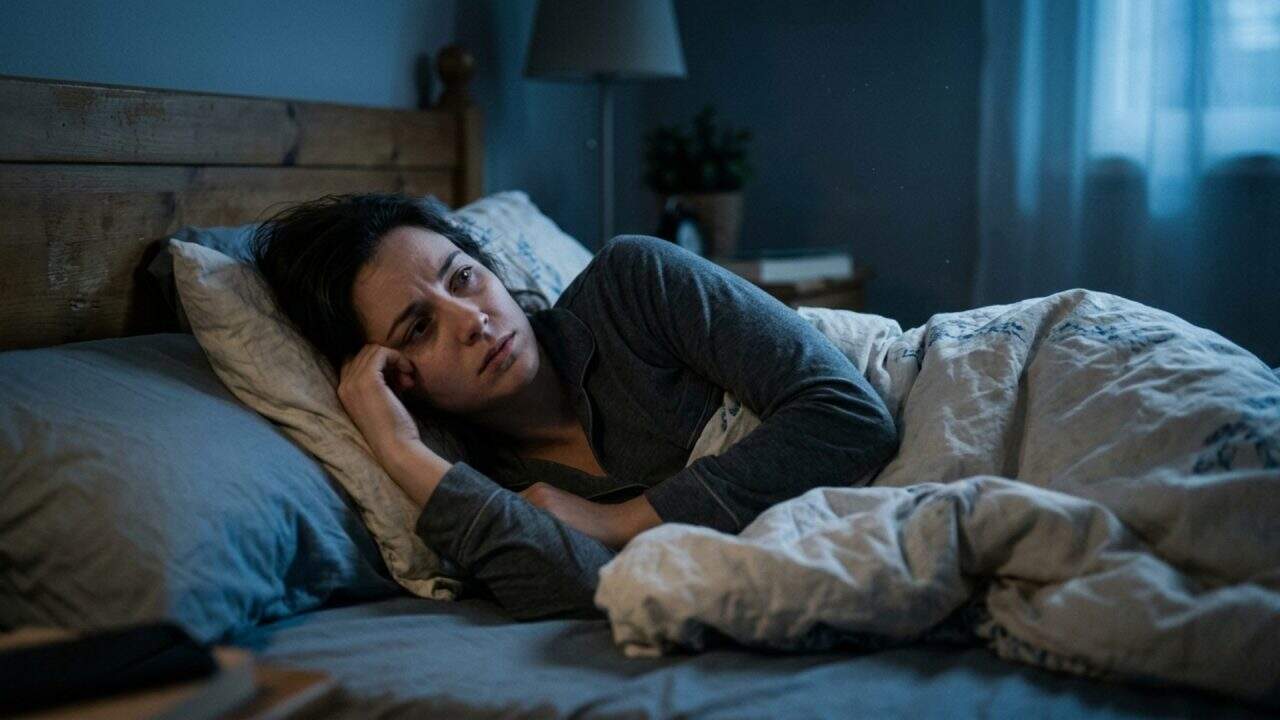 persoon die wakker ligt en piekert in bed