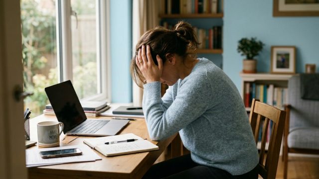 Persoon zit vermoeid achter een bureau met het hoofd in de handen en ervaart duidelijke stress en mentale overbelasting