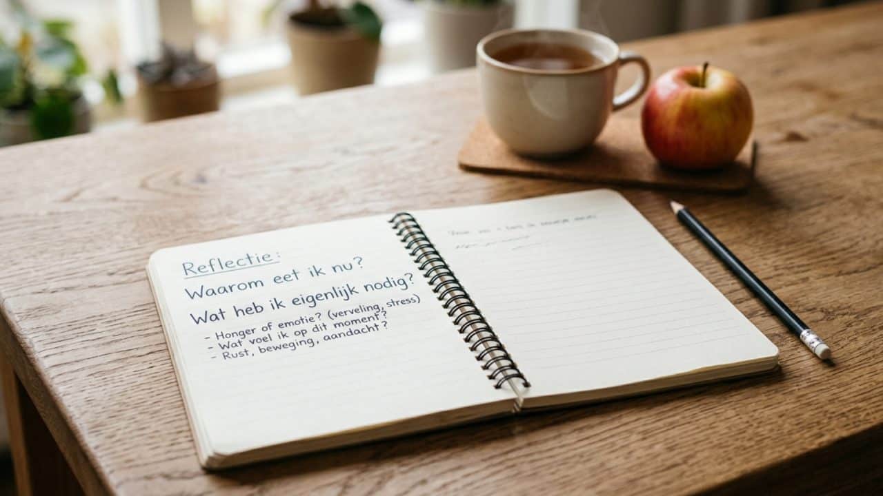Open notitieboek met reflectievragen over eetgedrag en leefstijl op tafel