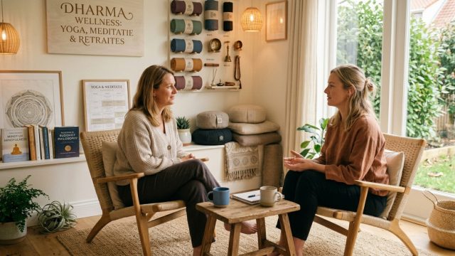 Spirituele coach in gesprek met cliënt tijdens een rustige coachingsessie