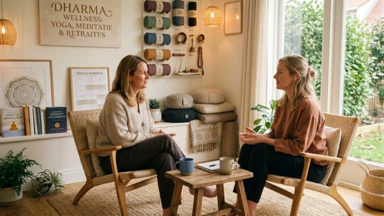 Spirituele coach in gesprek met cliënt tijdens een rustige coachingsessie