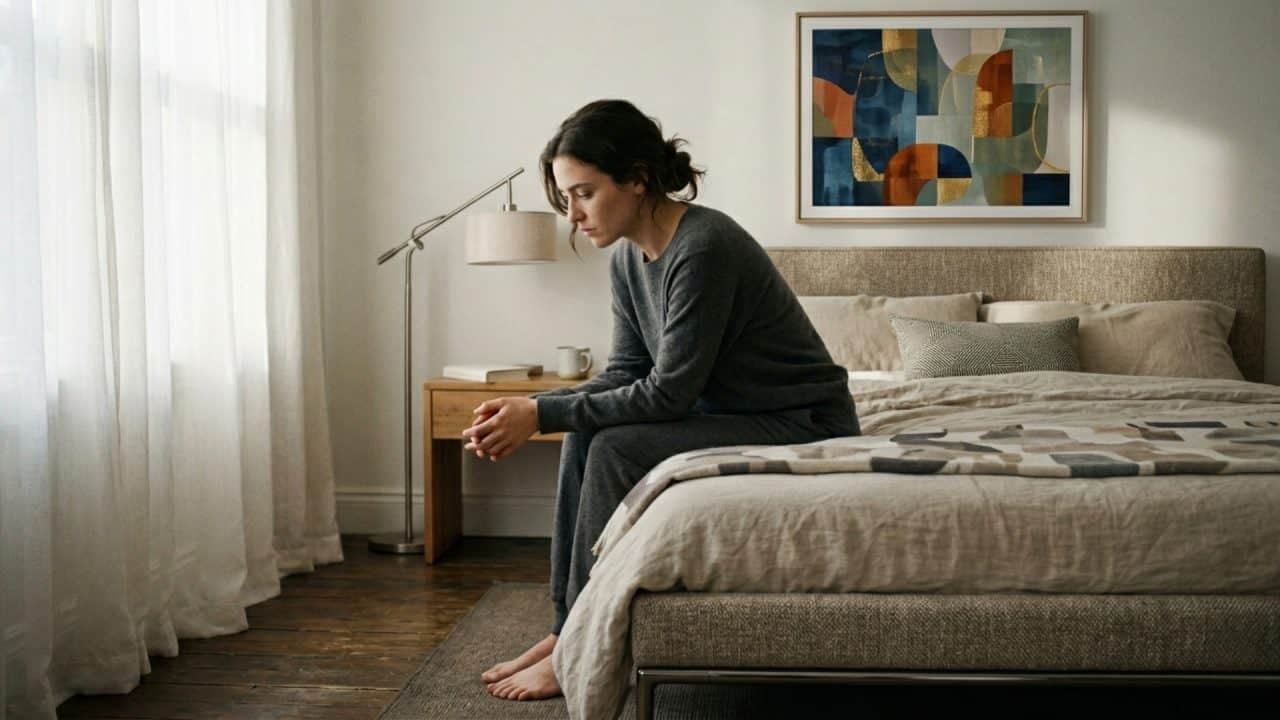 Persoon zit nadenkend op de rand van een bed en reflecteert op steeds dezelfde patronen in het leven