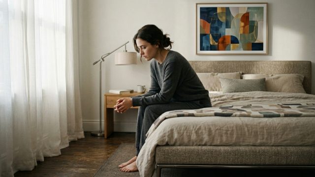 Persoon zit nadenkend op de rand van een bed en reflecteert op steeds dezelfde patronen in het leven