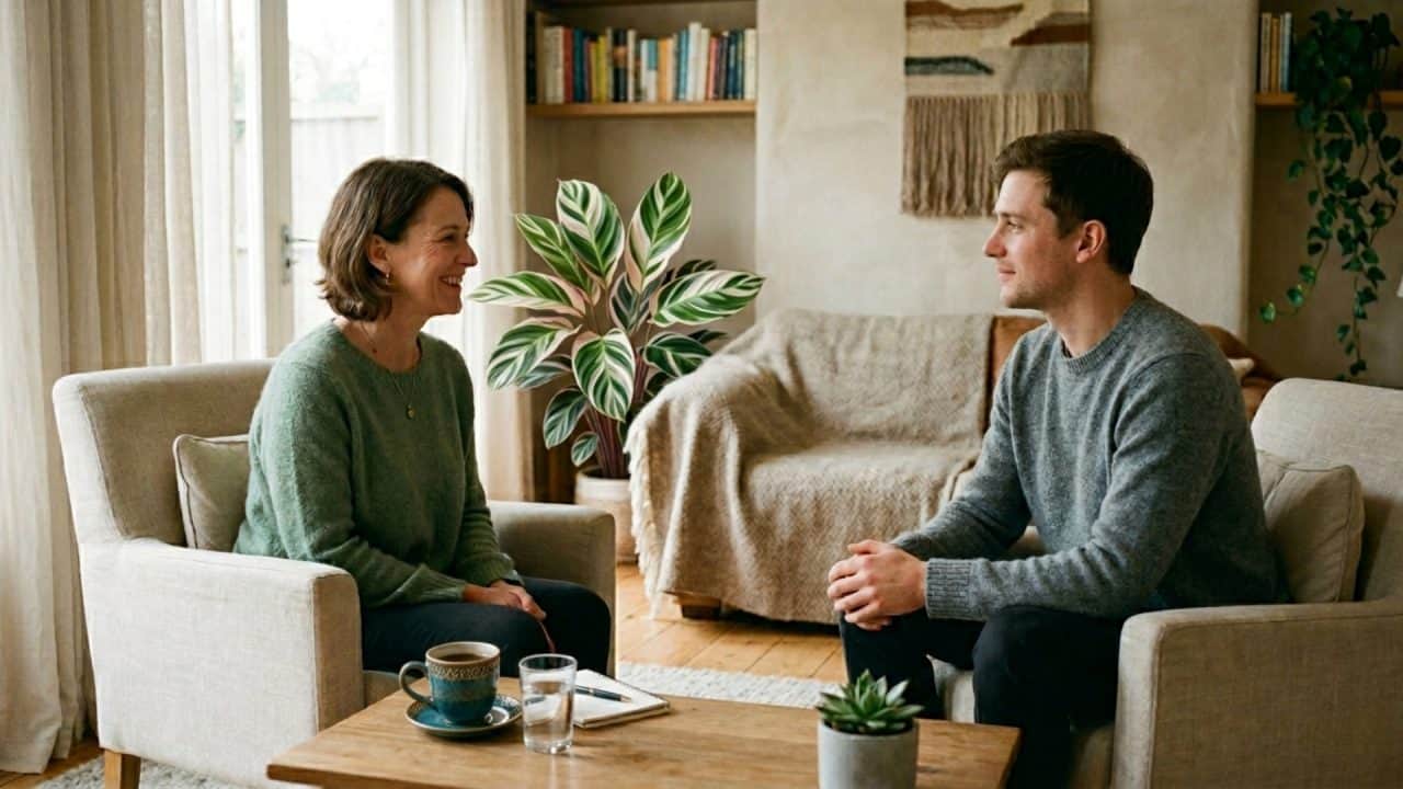 Rustig coachgesprek tussen coach en cliënt waarin inzicht ontstaat in terugkerende patronen