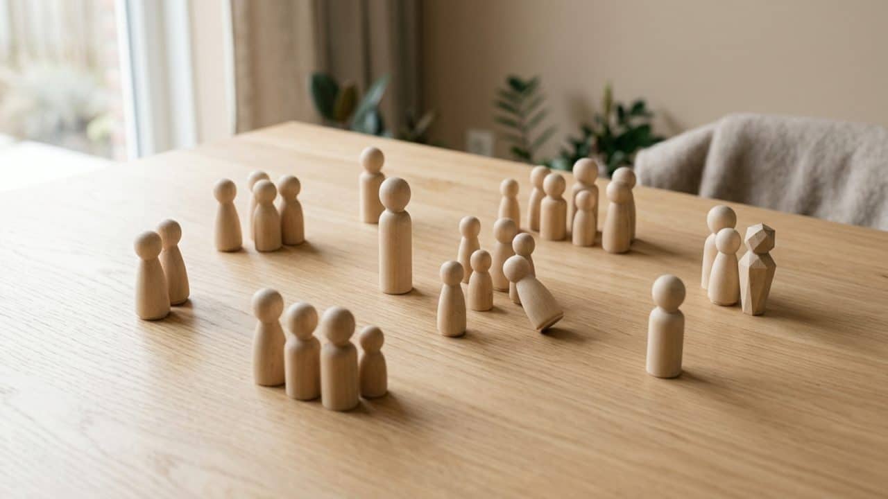 Systemische opstelling met pionnen die onderlinge verhoudingen en patronen zichtbaar maakt