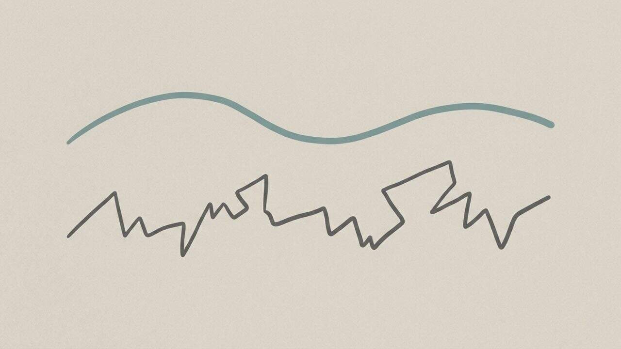 Minimalistisch beeld van een rustige lijn tegenover een chaotische lijn als symbool voor intuïtie en angst