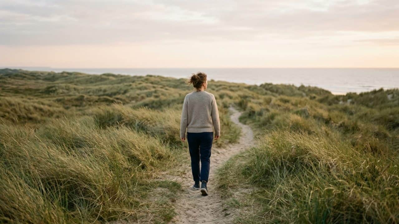 Persoon wandelend langs de duinen als oefening om intuïtie te versterken