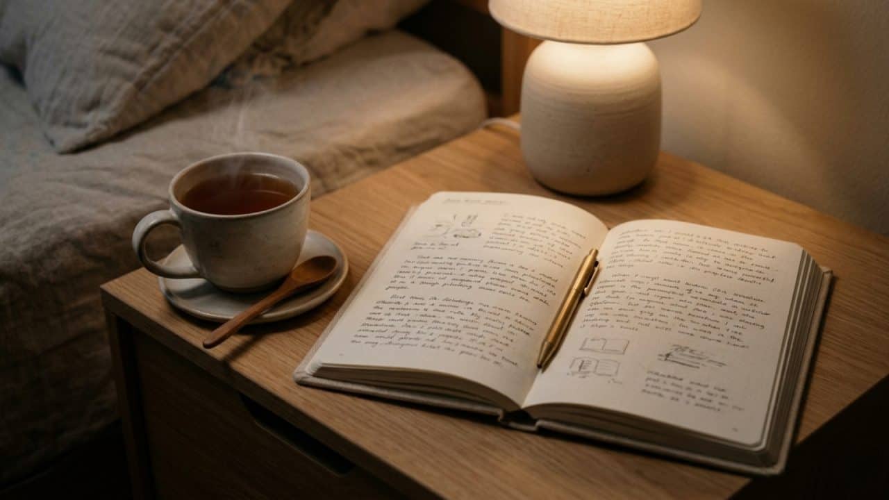 rustige avondroutine met notitieboek en thee als voorbereiding op beter slapen