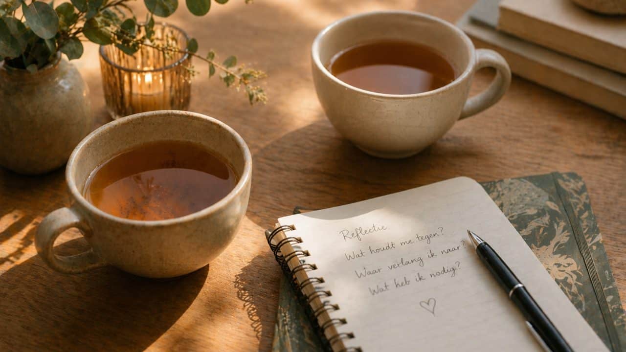 Twee koppen thee en een notitieboek op tafel als symbool voor een rustig coachgesprek en persoonlijke reflectie