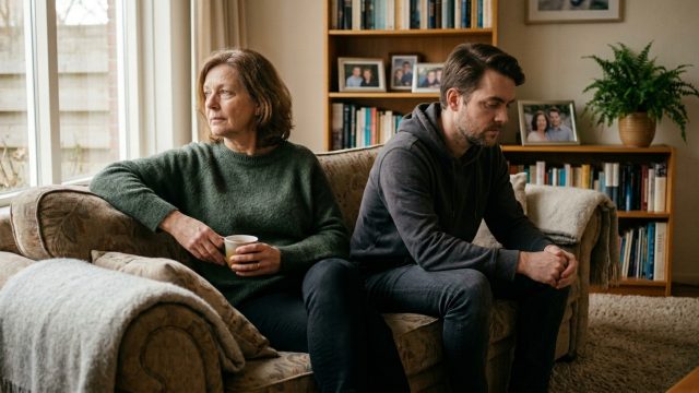 Volwassen zoon en moeder zitten gespannen naast elkaar op de bank tijdens een stil moment