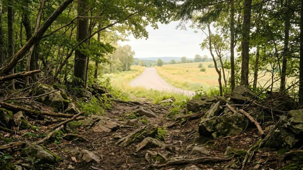 Pad met obstakels dat overgaat in een open weg als metafoor voor het loslaten van emotionele blokkades