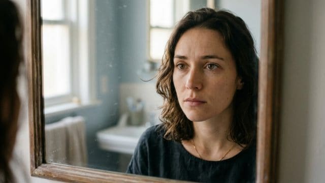 Persoon kijkt nadenkend in de spiegel tijdens zelfreflectie over emotionele blokkades