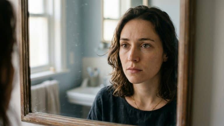 Persoon kijkt nadenkend in de spiegel tijdens zelfreflectie over emotionele blokkades
