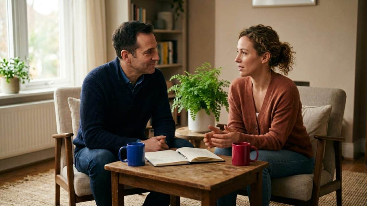 coach en cliënt in gesprek over vermoeidheid en energiebalans