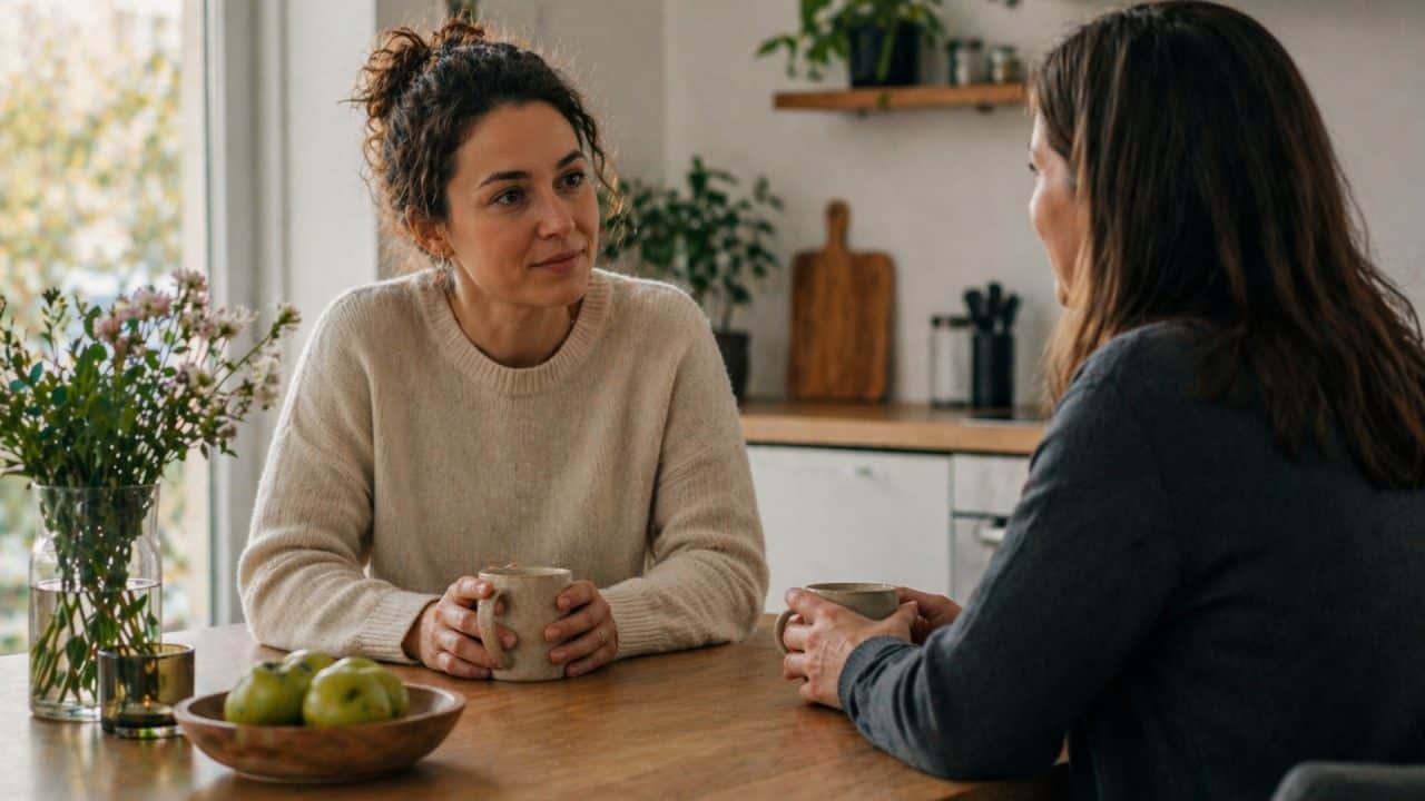 Twee mensen in gesprek aan keukentafel als voorbeeld van persoonlijke ervaring met energetische coaching