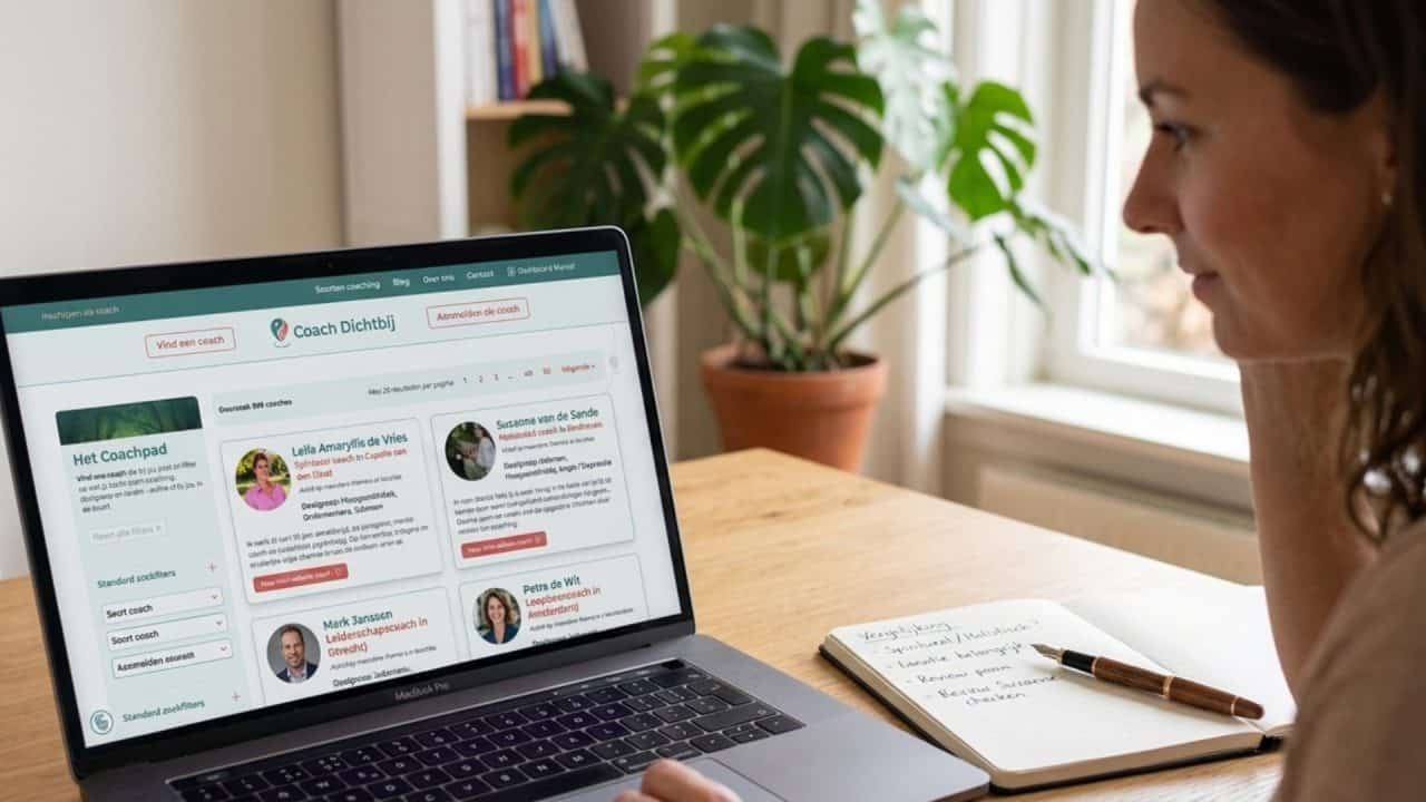 gezondheidscoach kiezen door coaches te vergelijken op laptop met notities