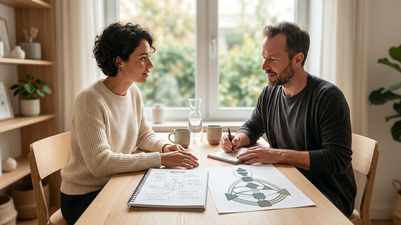 Human Design coach in gesprek met cliënt tijdens een reading met chart op tafel