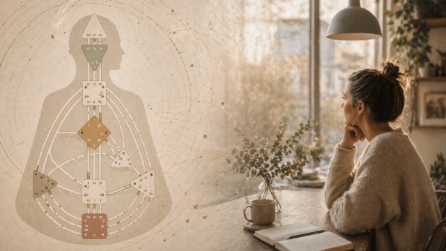 Visualisatie van het verschil tussen een Human Design coach en lifecoach met een overgang van geometrische structuur naar dagelijks leven