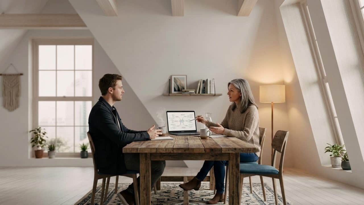 Human Design reading bij een coach in gesprek met cliënt aan tafel