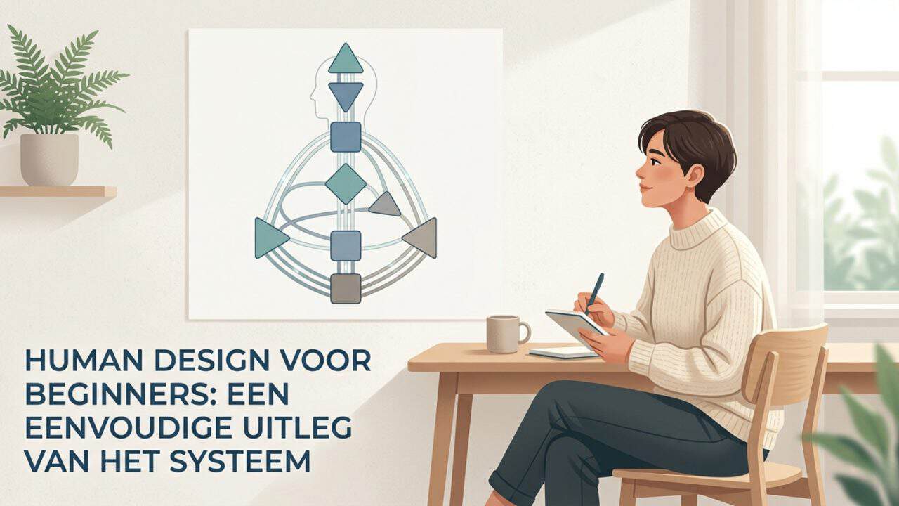 Illustratie van Human Design uitleg voor beginners met eenvoudige chart en titel van het systeem