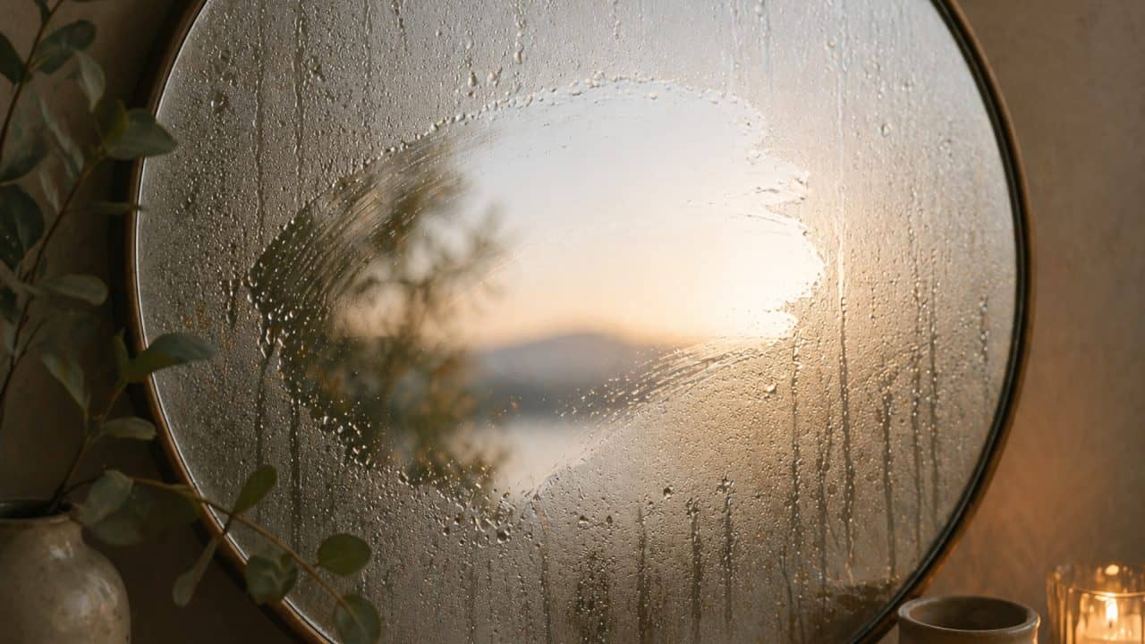 Beslagen spiegel met een deels weggeveegd vlak als symbool voor het herkennen van innerlijke blokkades