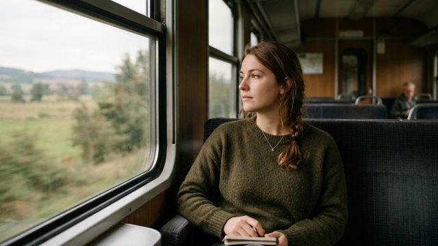 Persoon kijkt uit het raam in de trein en is in gedachten verzonken, gevoel van intuïtie kwijt zijn