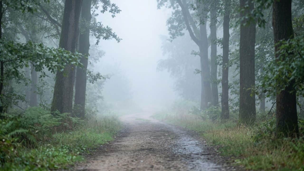 Mistig pad dat symbool staat voor geen richting voelen en te veel in het hoofd zitten