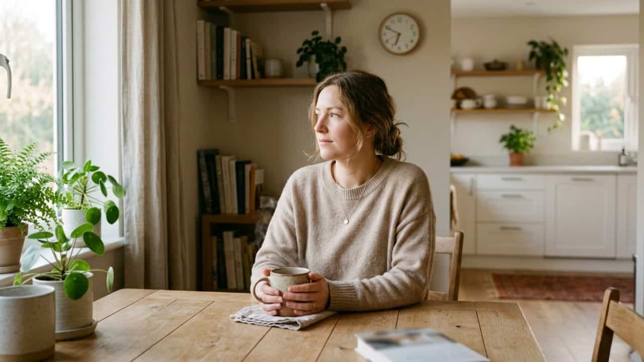 persoon zit rustig aan tafel met koffie en voelt zich moe zonder duidelijke reden