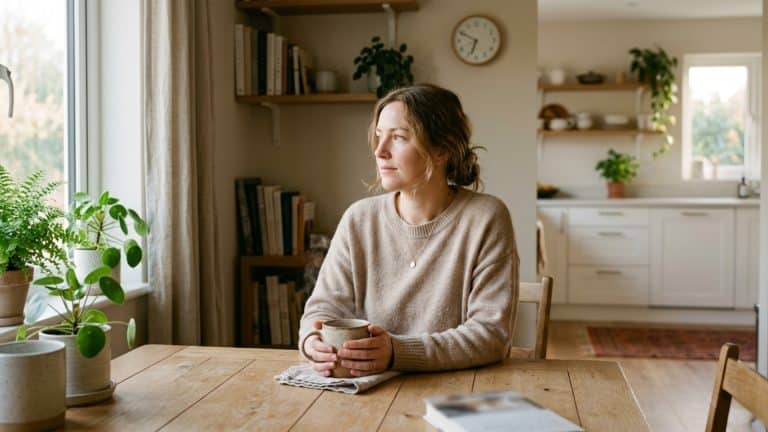 persoon zit rustig aan tafel met koffie en voelt zich moe zonder duidelijke reden