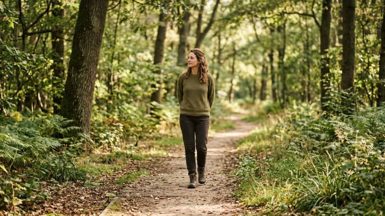 Persoon wandelt ontspannen in de natuur en komt uit het hoofd in het gevoel