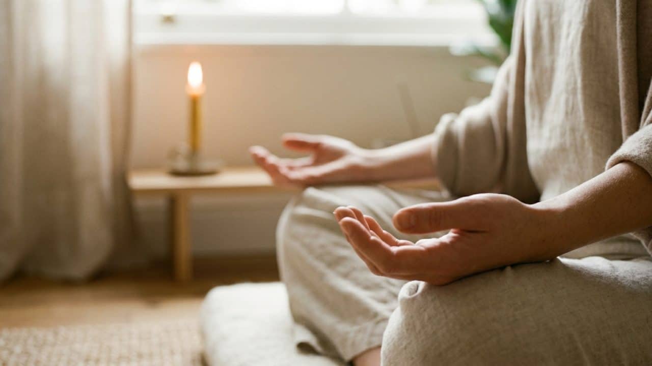 Handen in rustige open houding met kaarslicht als symbool voor bewustzijn en innerlijke aandacht